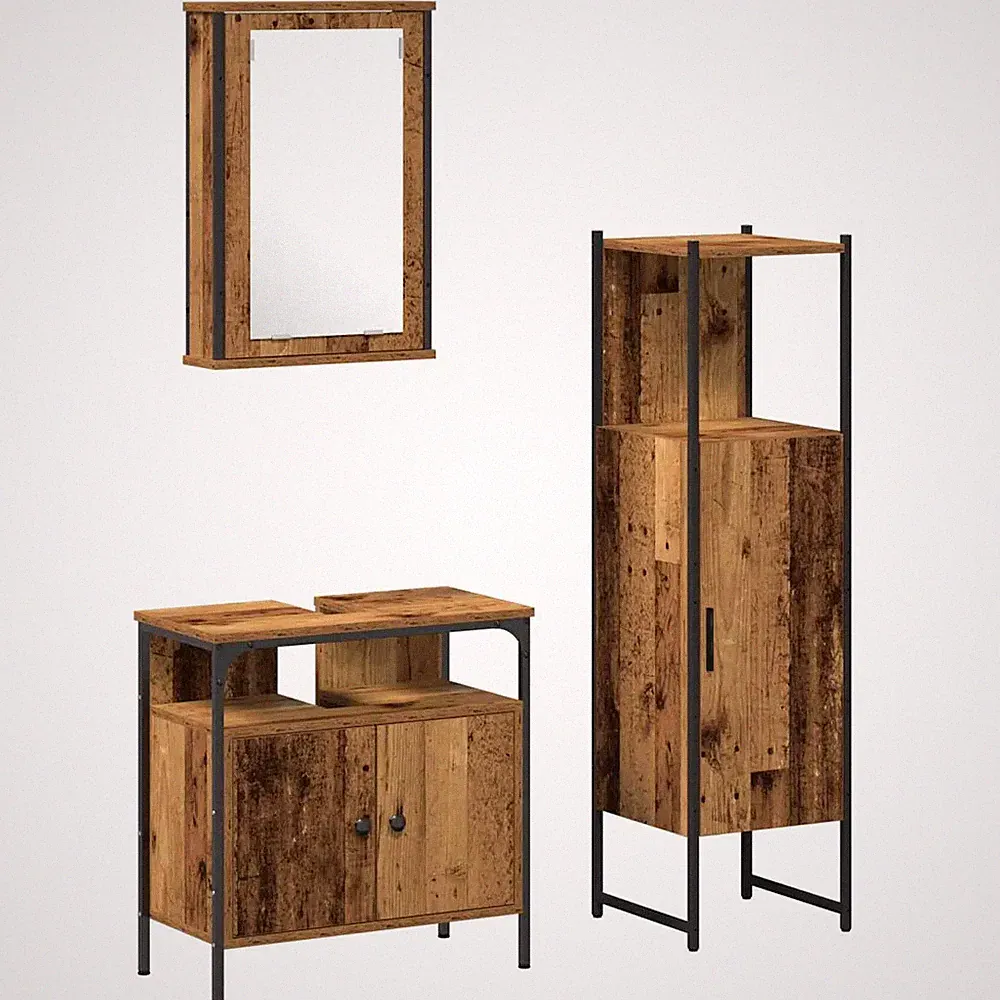 Badmöbel Set 3-teilig mit Stauraum Braun Hochschrank 33x33x120,5 cm