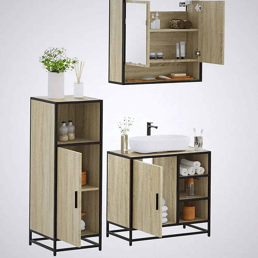 Badmöbel-Set 3-teilig Sonoma-Eiche Holzwerkstoff modernes Design