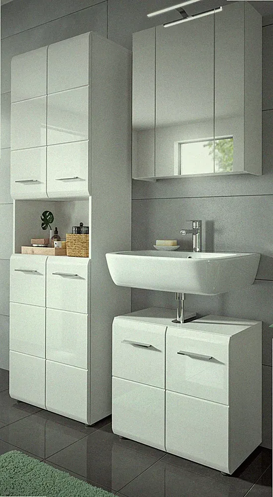 Badmöbel Set 3-teilig weiß Hochglanz Badezimmer mit Hochschrank 15 Fächer Cover