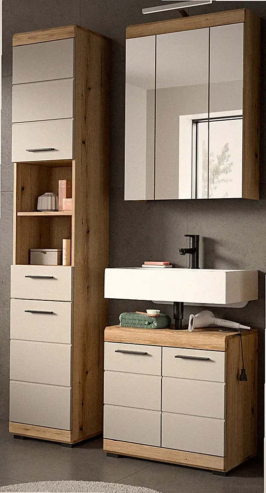 Badmöbel Set 3-tlg. Badezimmer Eiche Kaschmir Hochschrank 112 x 190 cm LED Shawn