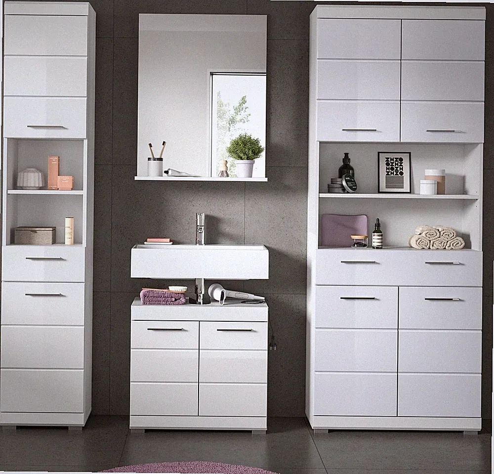 Badmöbel Set 4-teilig in weiß Hochglanz Badkombination modern 200 x 191 cm Shawn