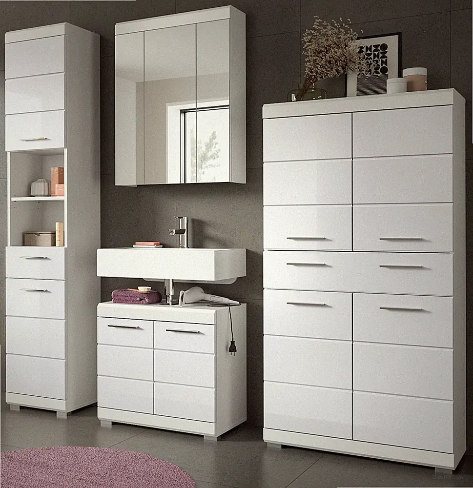 Badmöbel Set 4-teilig in weiß Hochglanz Badkombination modern 200 x 191 cm Shawn