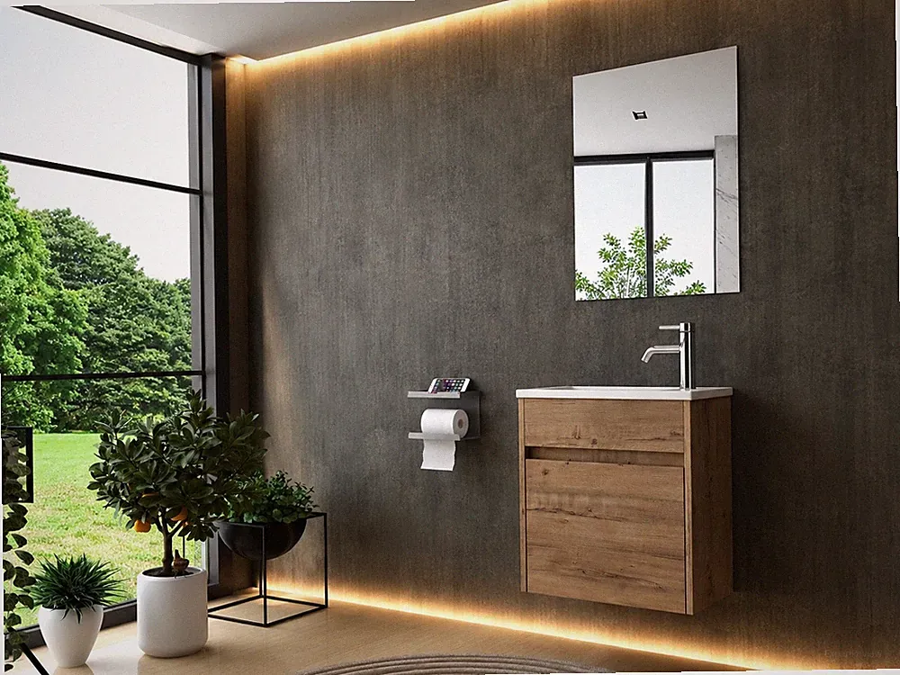 Badmöbel Set 46 cm Eiche Badezimmer Möbel Schränke Spiegel Keramik Becken Bad 46