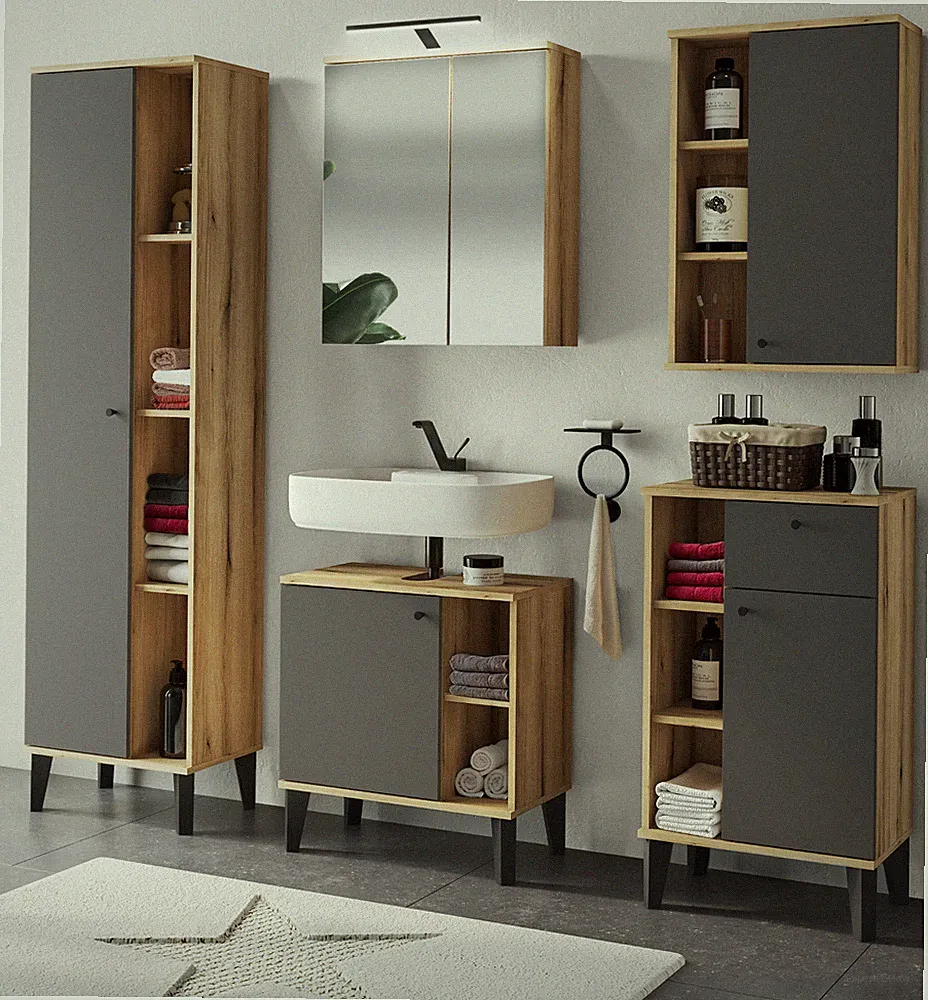 Badmöbel Set 5-teilig Badezimmer Eiche grau Badschrank Komplettset 180 cm Torsby