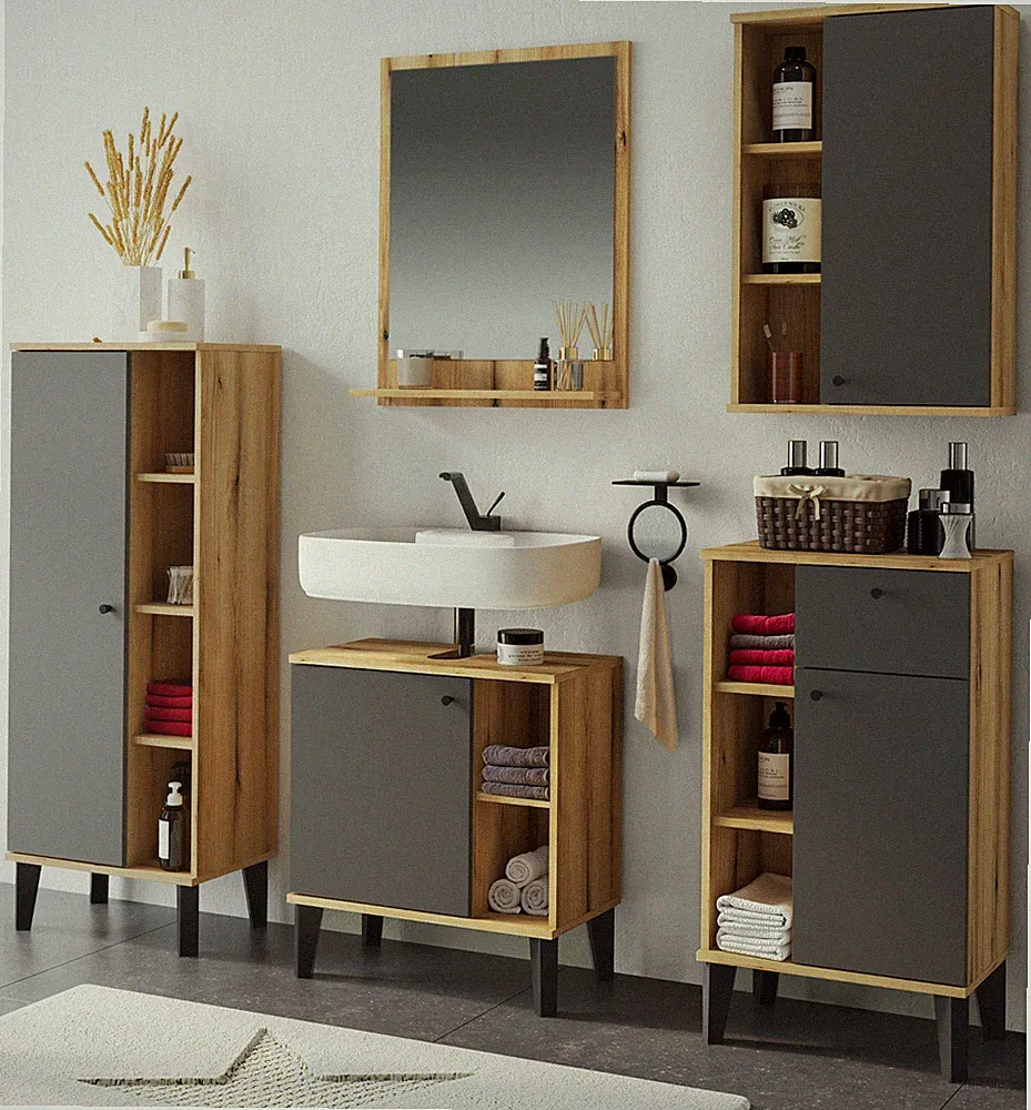 Badmöbel Set 5-teilig grau und Eiche Badezimmer Kombination 182 x 190 cm Torsby