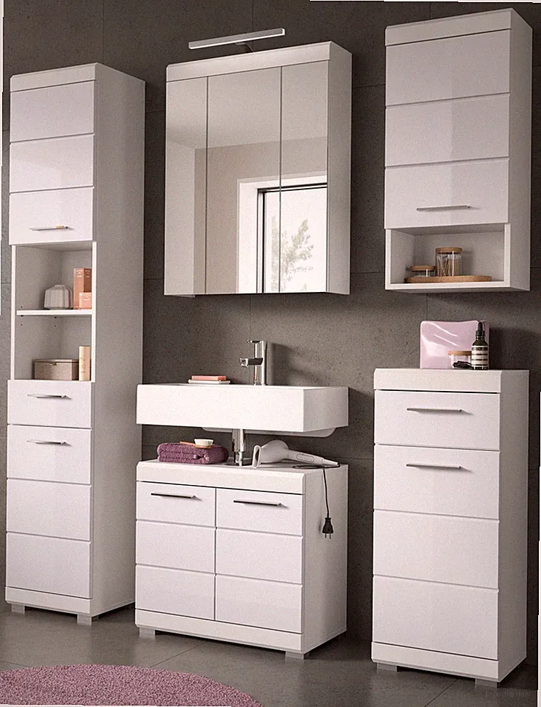 Badmöbel Set 5-teilig in weiß Hochglanz Badkombination modern 164 x 191 cm Shawn