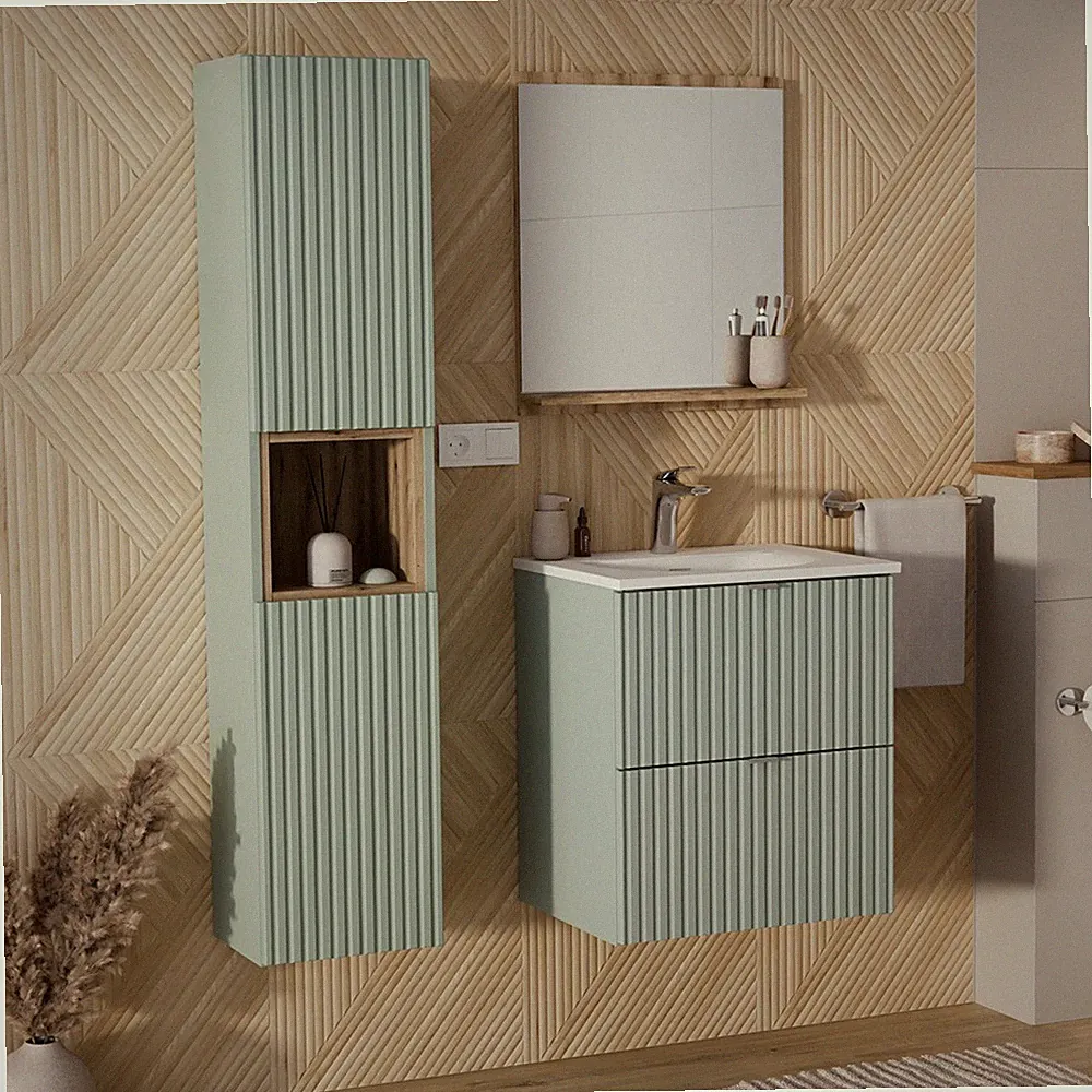 Badmöbel Set 50cm Waschtisch Waschbecken Spiegel Hängeschrank, grün und Eiche