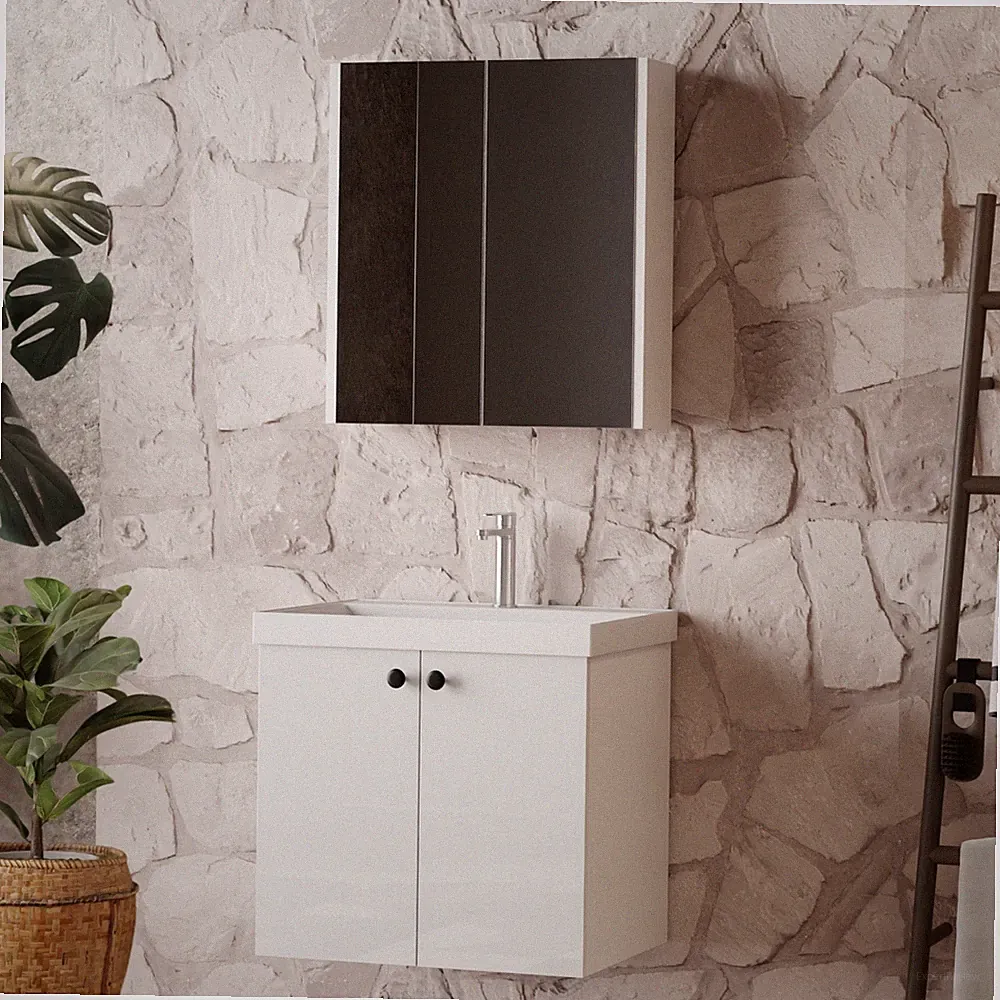 Badmöbel Set 60–80 cm Weiß Hochglanz – Waschtisch+Unterschrank+Spiegelschrank