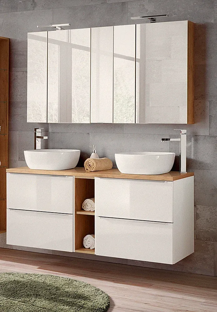 Badmöbel Set 9-tlg Badezimmerset PERUGIA Weiss HGL inkl.Waschbecken