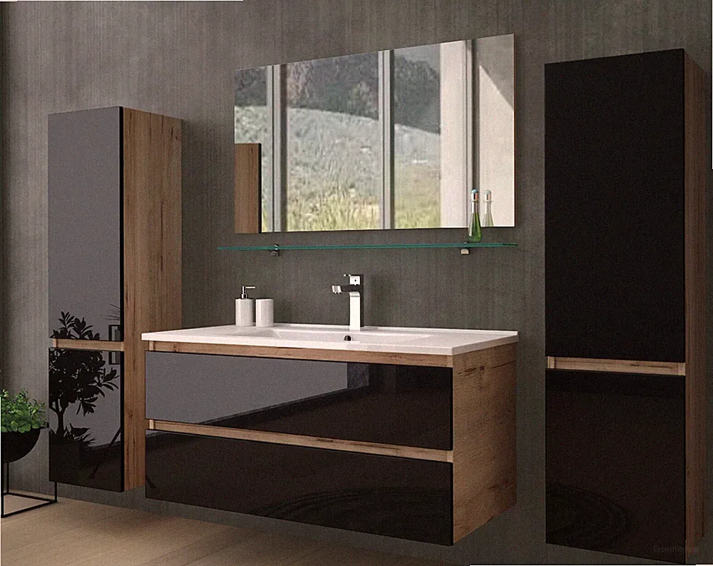 Badmöbel Set 90 cm Eiche / Schwarz Hochglanz Badezimmermöbel 90 cm Badezimmer