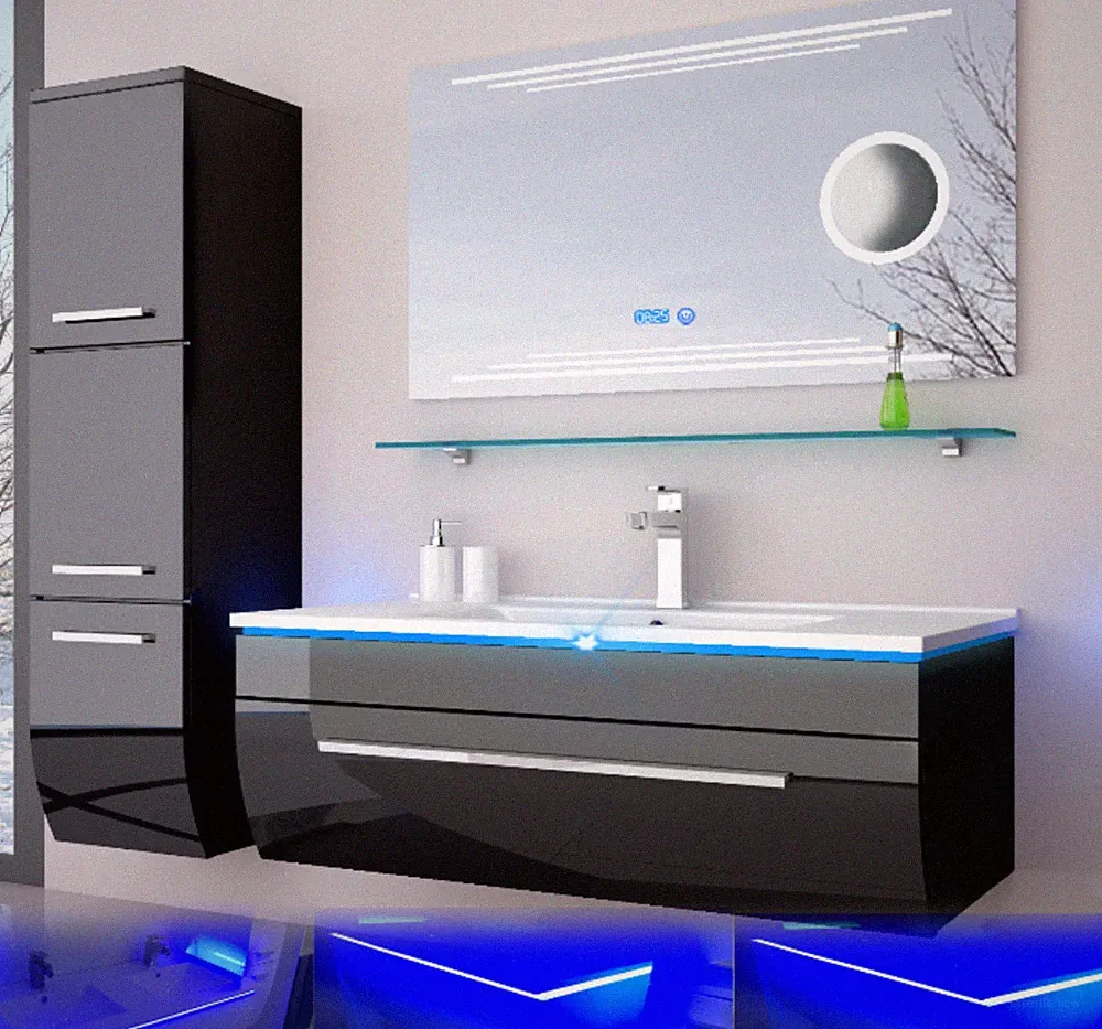 Badmöbel Set 90 cm schwarz oder weiss hochglanz Kosmetik LED Uhr Badezimmermöbel