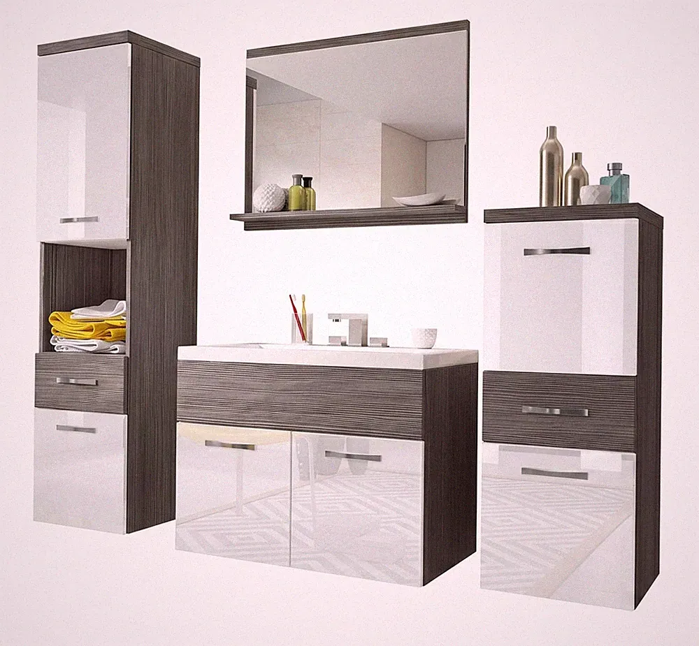 Badmöbel-Set Alba 5-teilig mit Waschbecken Eiche Bodega / weiß Hochglanz