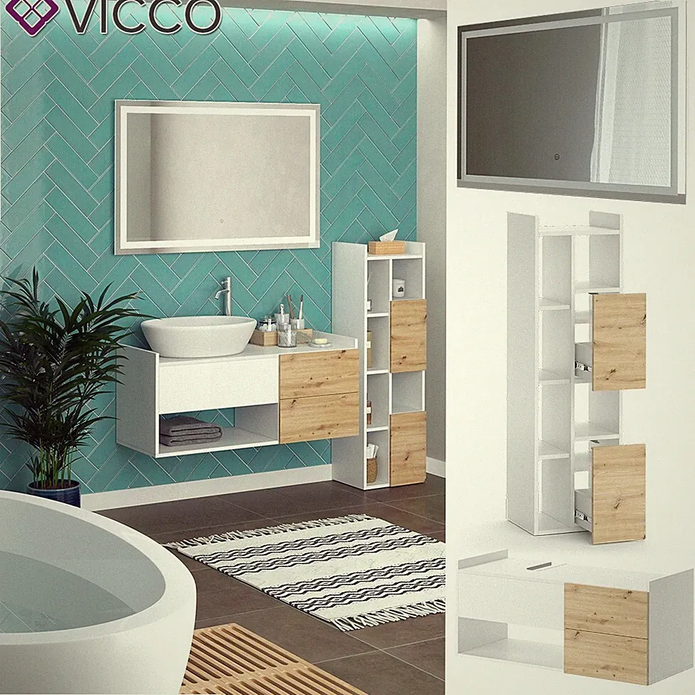 Badmöbel-Set Alf, Weiß Artisan Eiche, Badezimmer, moderne Badserie Vicco