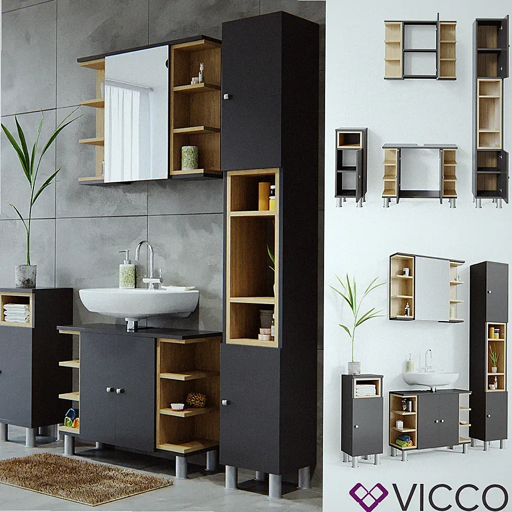 Badmöbel Set Anthrazit Bad Spiegel Waschtischunterschrank Badschrank Aquis Vicco