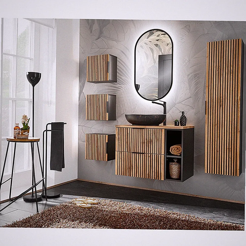 Badmöbel Set anthrazit Eiche Waschtisch Badezimmer Aufsatzwaschbecken modern