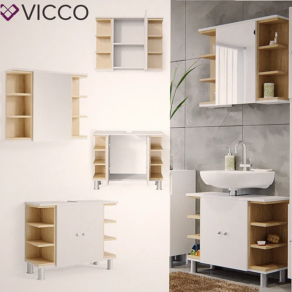 Badmöbel Set Aquis Weiß Eiche Spiegel Waschtisch Unterschrank Badezimmer Vicco