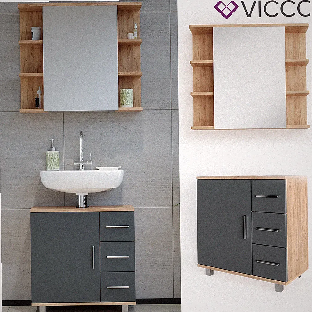 Badmöbel Set Bad Spiegel Unterschrank Badschrank Ilias Eiche Anthrazit Vicco