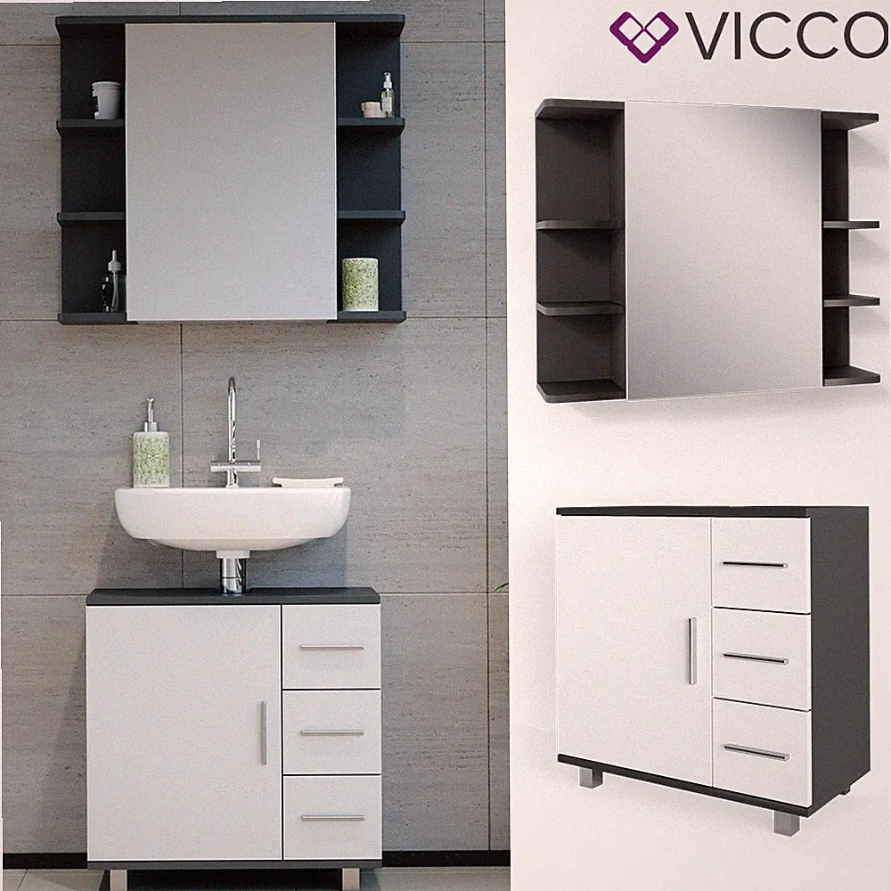 Badmöbel Set Bad Spiegel Unterschrank Badschrank Ilias Weiß Anthrazit Vicco