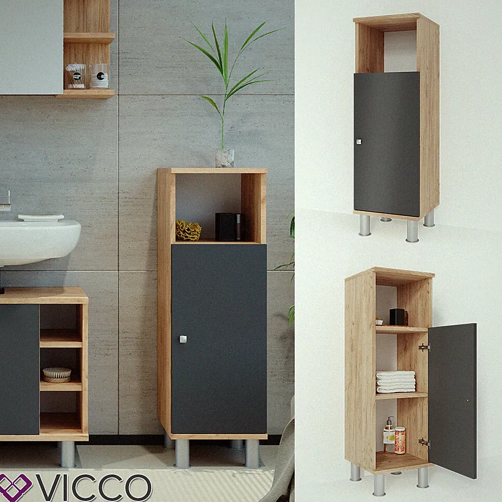 Badmöbel Set Bad Spiegel Unterschrank Badschrank Midi Fynn Eiche Anthrazit Vicco