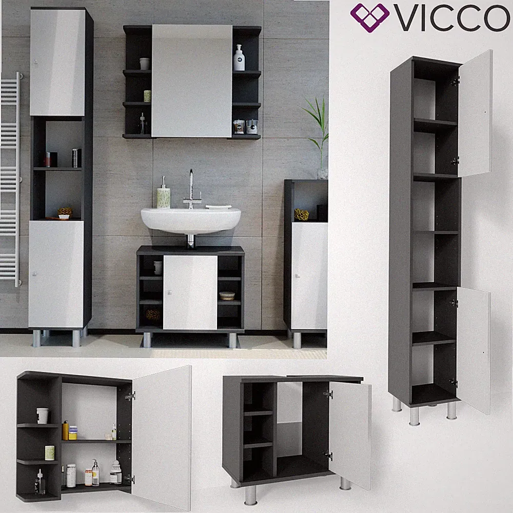 Badmöbel Set Bad Spiegel Waschtisch Hochschrank Fynn Anthrazit Weiß Vicco