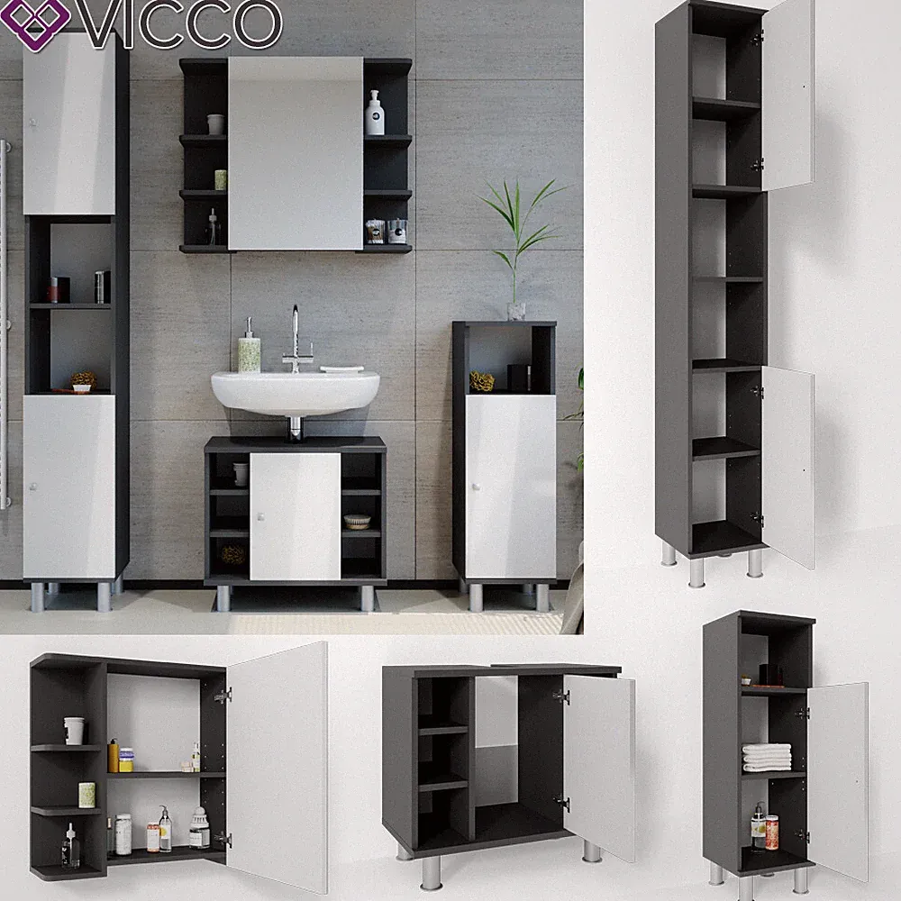 Badmöbel Set Bad Spiegel Waschtisch Unterschrank Bad Fynn Anthrazit Weiß Vicco