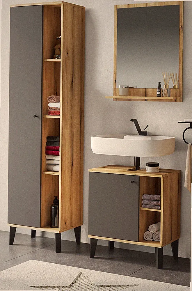 Badmöbel Set Badezimmer 3-teilig mit Hochschrank Eiche grau Breite 120 cm Torsby