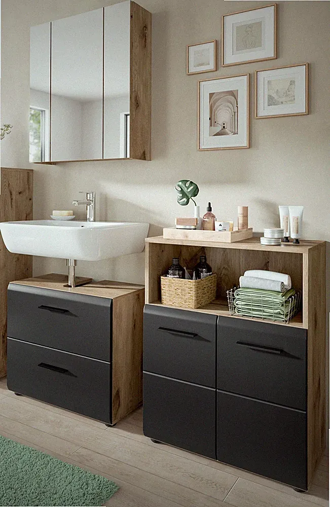 Badmöbel Set Badezimmer 3-teilig Schwarz Eiche Set mit Spiegelschrank Bad Cover