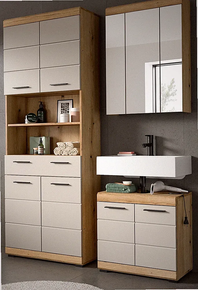 Badmöbel Set Badezimmer 3-tlg Eiche Kaschmir 4-türiger Hochschrank Shawn 150 cm