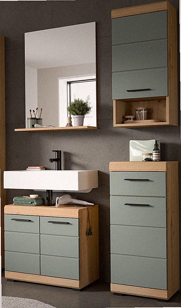 Badmöbel Set Badezimmer 4-teilig Bad Schrankset Eiche Salbei grün 112 cm Shawn