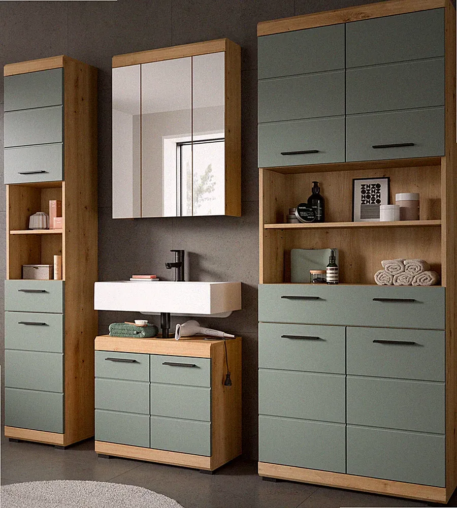 Badmöbel Set Badezimmer 4-teilig mit 2x Stauraum Hochschrank Eiche Salbei Shawn