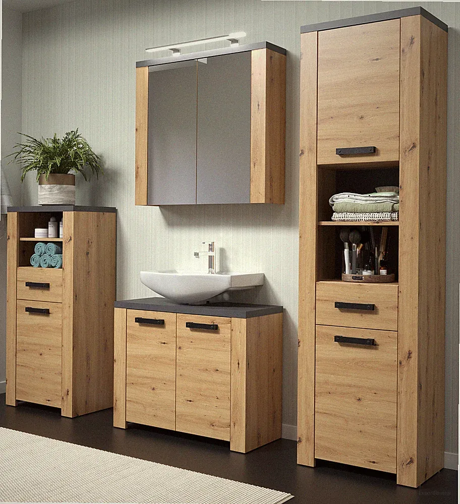 Badmöbel Set Badezimmer 4-tlg Eiche Artisan grau Bad Möbelset Beleuchtung Follow