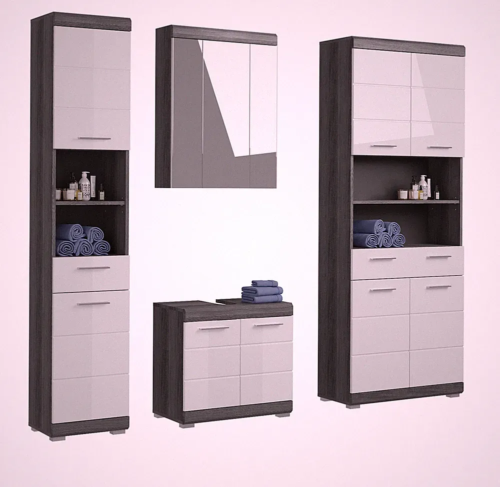 Badmöbel Set Badezimmer Bad Möbelset 2x Hochschrank in weiß Hochglanz grau Shawn