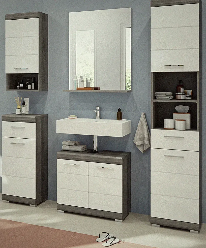 Badmöbel Set Badezimmer komplett 5-tlg. weiß Hochglanz grau Bad Möbelset Shawn