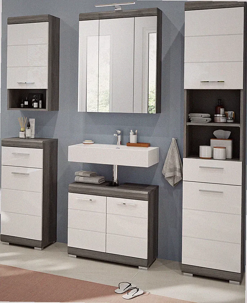 Badmöbel Set Badezimmer komplett 5-tlg. weiß Hochglanz grau Bad Möbelset Shawn