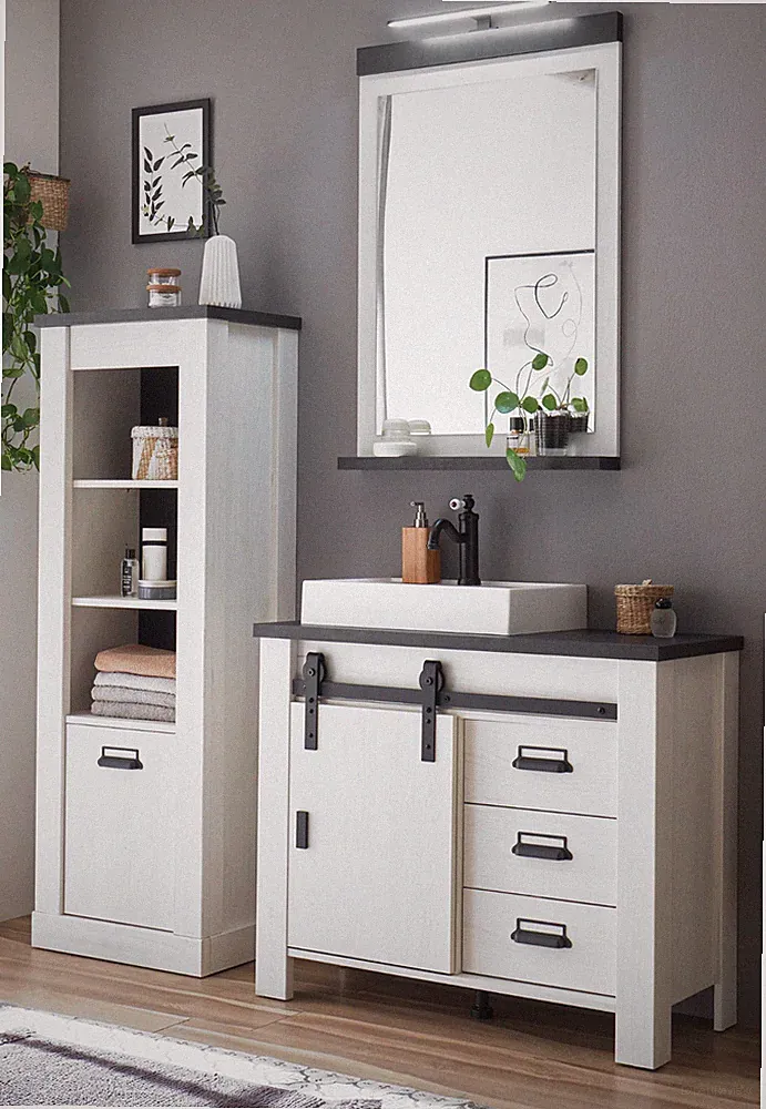 Badmöbel Set Badezimmer komplett mit Waschbecken + Beleuchtung weiß Pinie Stove