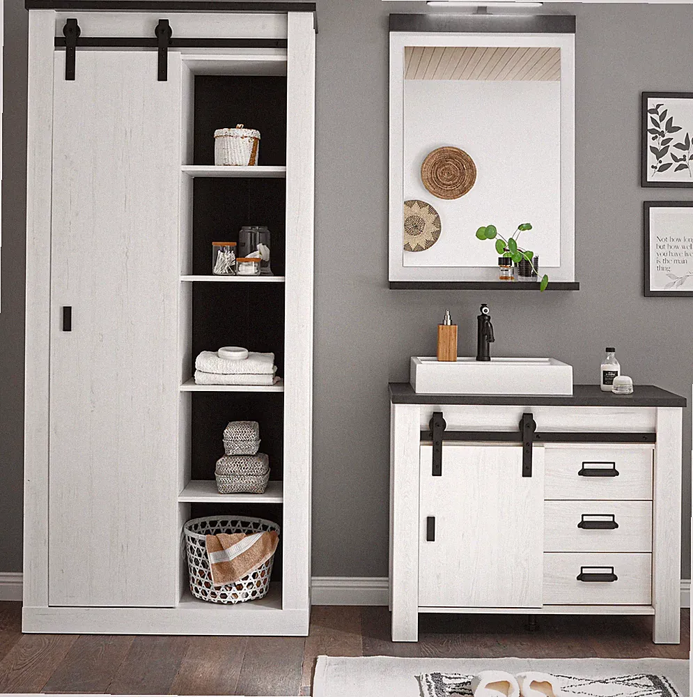 Badmöbel Set Badezimmer komplett Waschtisch Waschbecken Hochschrank weiß Stove