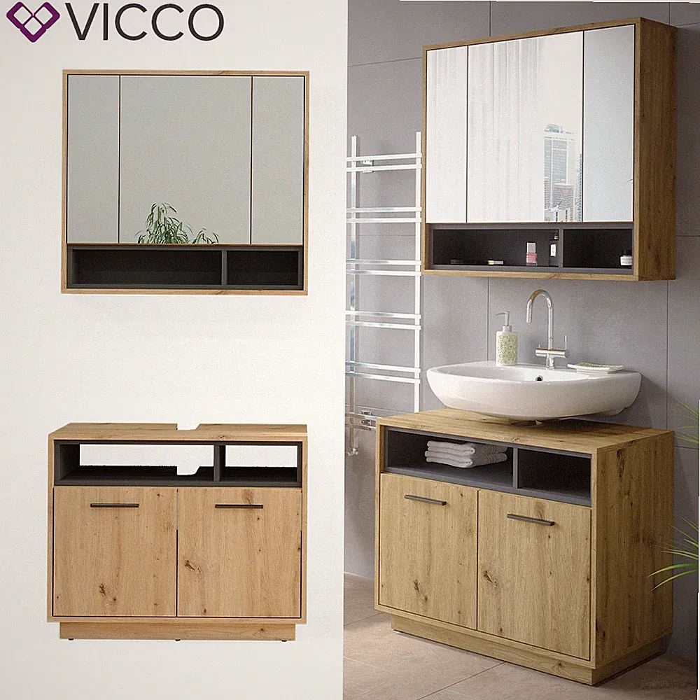 Badmöbel-Set Badezimmer-Möbel Bad-Schrank Beatrice Eiche Anthrazit modern Vicco