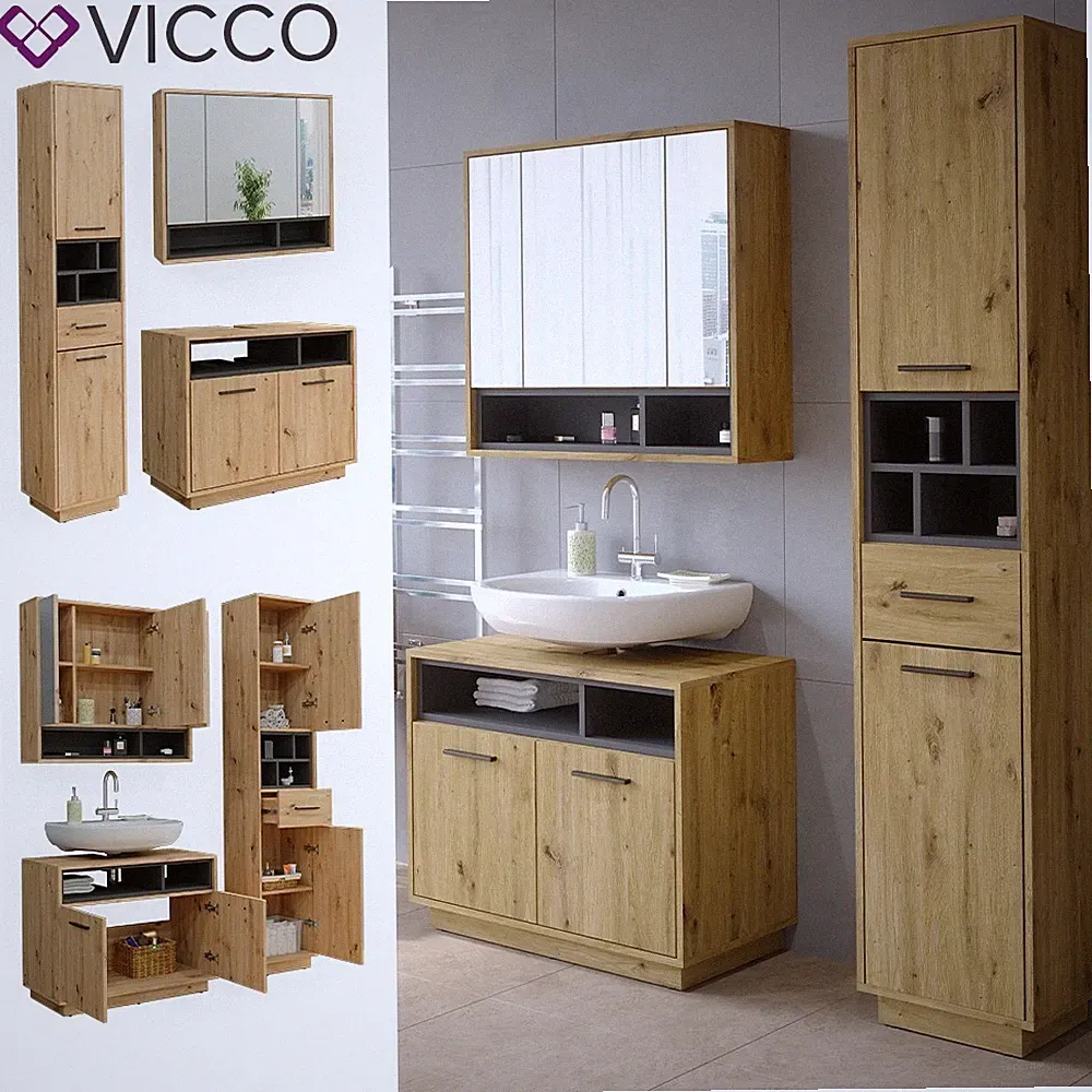 Badmöbel-Set Badezimmer-Möbel Bad-Schrank Beatrice Eiche Anthrazit modern Vicco