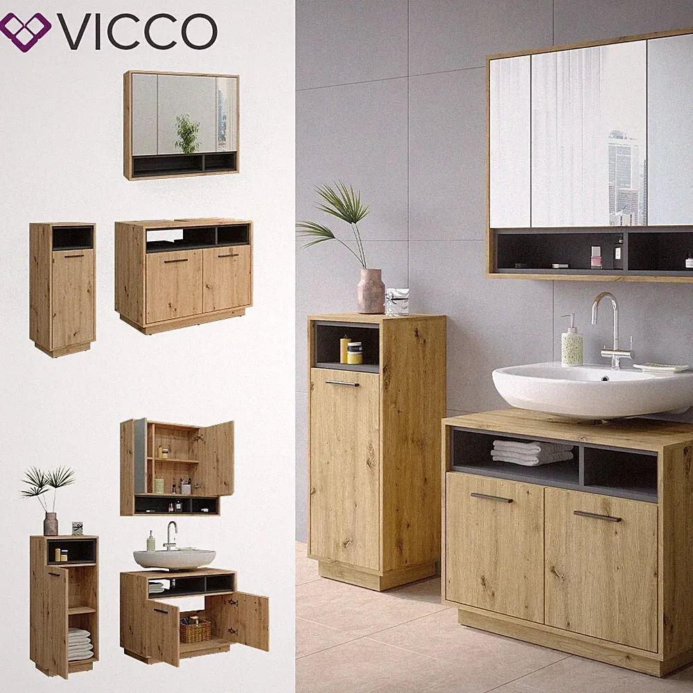 Badmöbel-Set Badezimmer-Möbel Bad-Schrank Beatrice Eiche Anthrazit modern Vicco