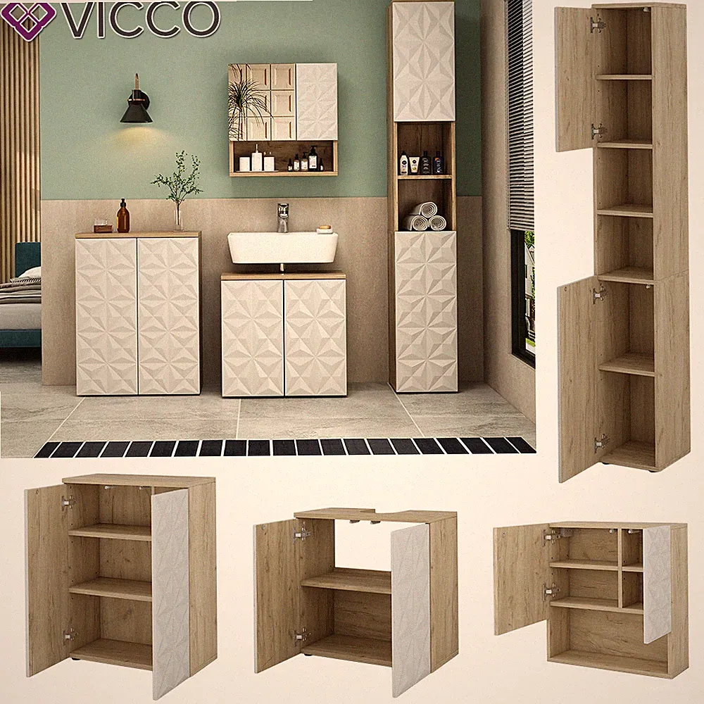 Badmöbel-Set Badezimmer-Möbel Bad-Schrank Edge Eiche Weiß modern Vicco