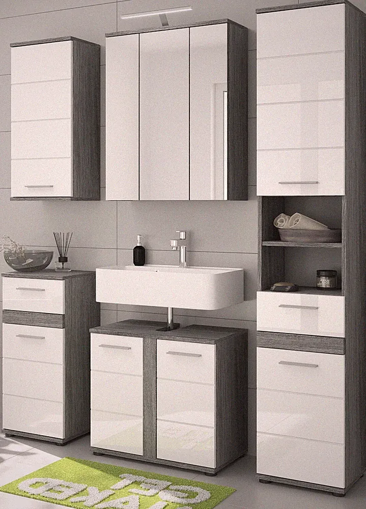 Badmöbel Set Badezimmer Möbel-Set weiß Hochglanz grau 5-teilig Bailey