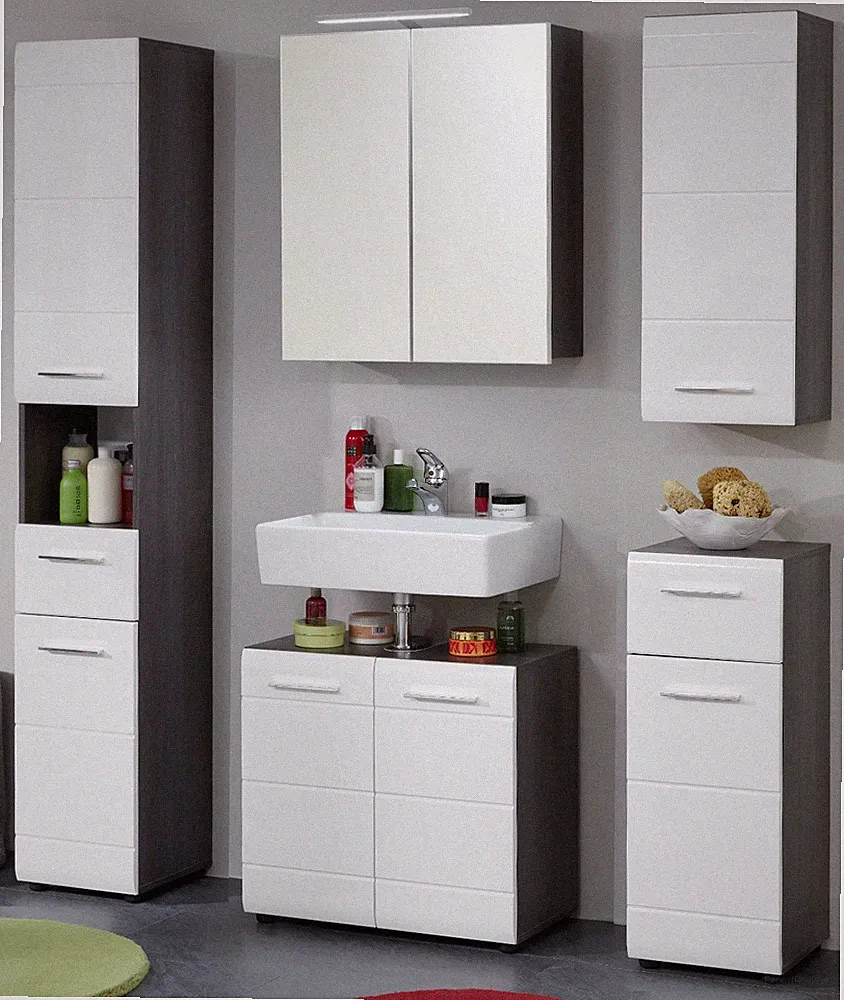 Badmöbel Set Badezimmer Möbel weiß Hochglanz grau Sardegna Möbelset 5-tlg. Line