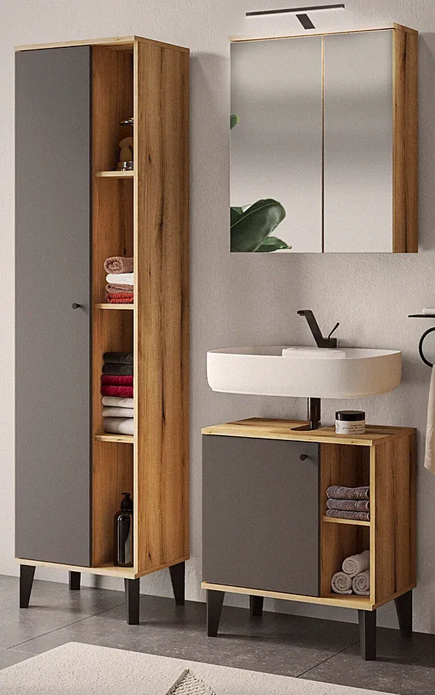Badmöbel Set Badezimmer Möbelset 3-teilig Eiche grau 120 cm viel Stauraum Torsby