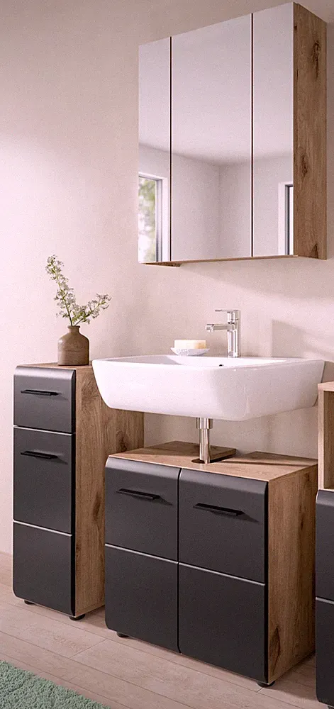 Badmöbel Set Badezimmer Möbelset 3-tlg Schwarz Eiche mit Spiegelschrank Cover