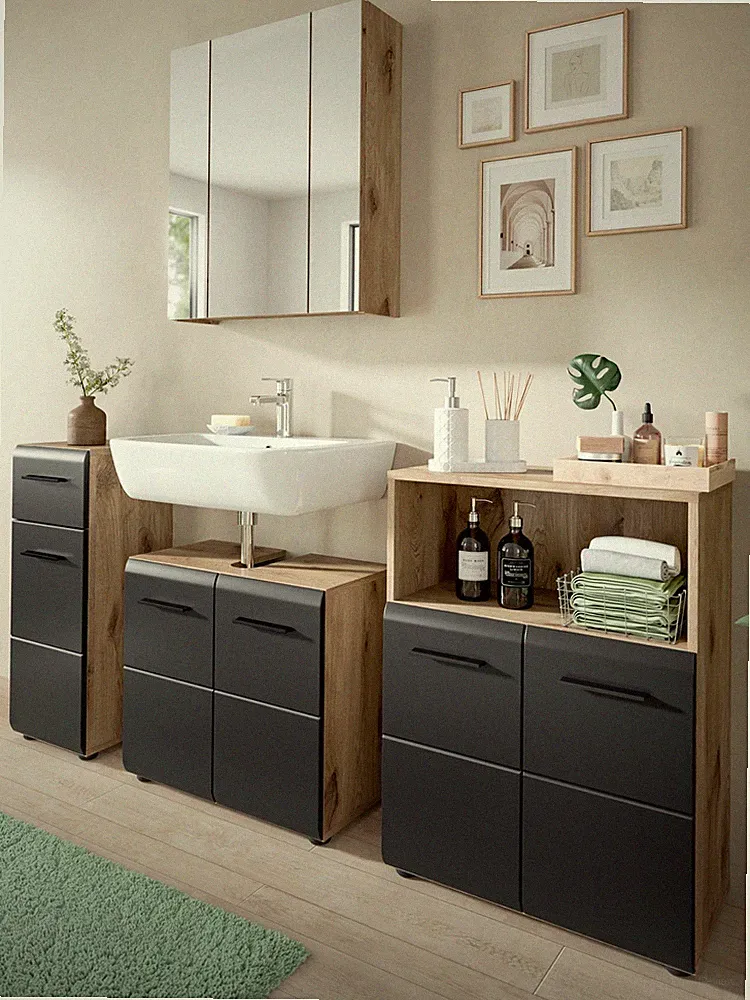 Badmöbel Set Badezimmer Möbelset 4-teilig Schwarz und Eiche mit 2x Kommode Cover