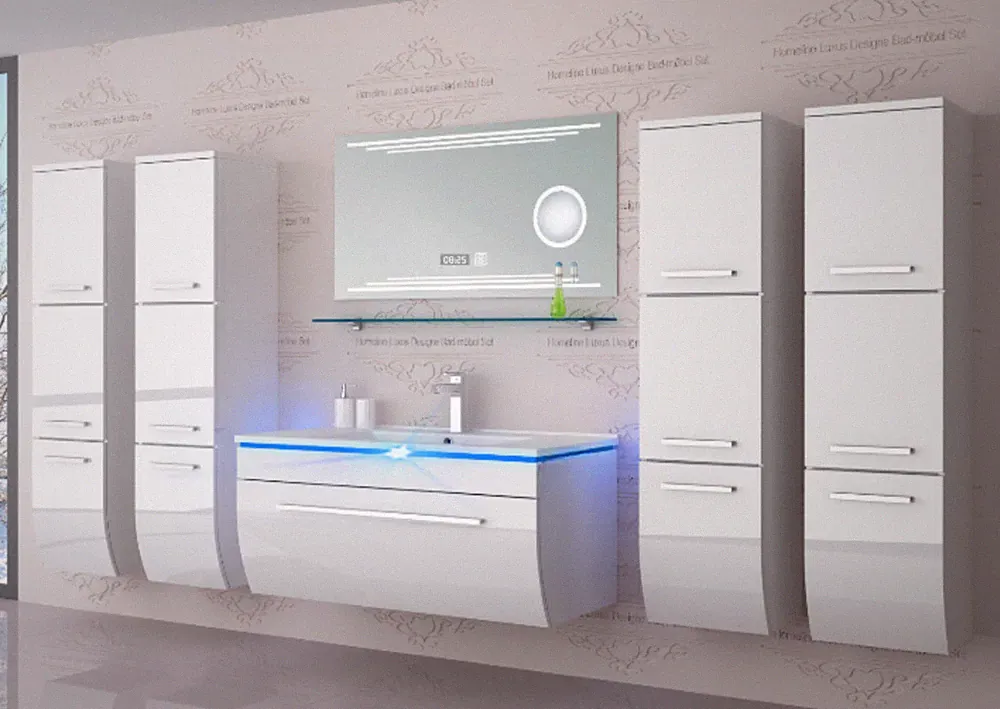 Badmöbel Set Badezimmer schränke Waschbecken Spiegel Weiß LED Badmöbel Set 90
