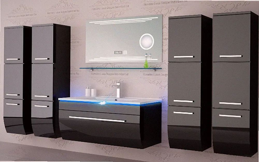 Badmöbel Set Badezimmer Schrank Waschbecken Spiegel Schwarz LED Badmöbel Set