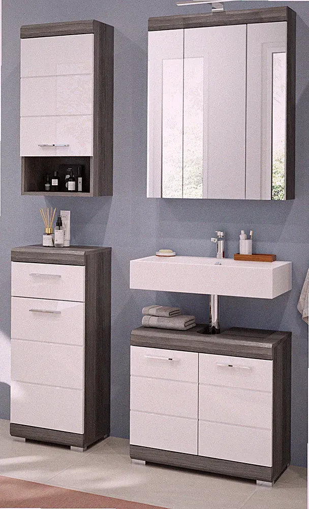 Badmöbel Set Badezimmer Schrankset weiß Hochglanz grau Bad Möbel 4-teilig Shawn