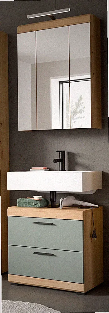 Badmöbel Set Badezimmer Spiegelschrank Waschtisch Eiche Salbei grün 60 cm Shawn