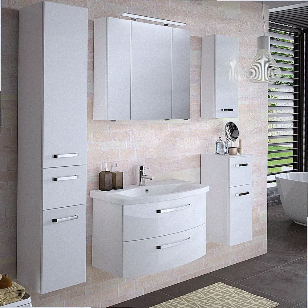 Badmöbel-Set Badezimmer Spiegelschrank Waschtisch Waschbecken Hochschrank weiß